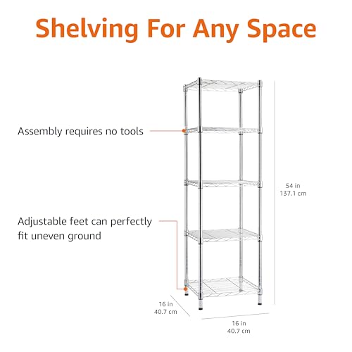 Amazon Basics 5-Shelf Tower Adjustable Storage Shelving Unit, Chrome, 16 D x 16 W x 54 H in
