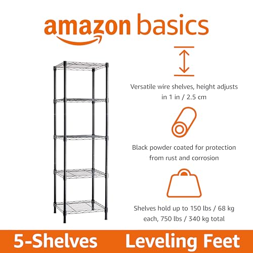 Amazon Basics 5-Shelf Tower Adjustable Storage Shelving Unit, Black, 16 D x 16 W x 54 H in