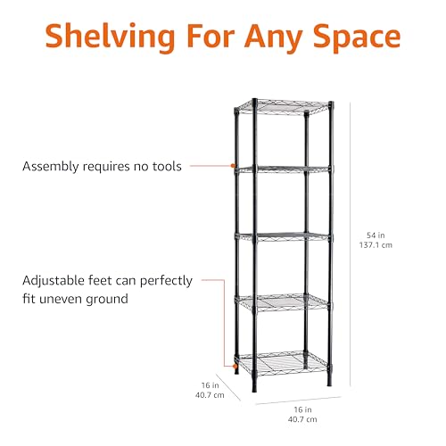 Amazon Basics 5-Shelf Tower Adjustable Storage Shelving Unit, Black, 16 D x 16 W x 54 H in