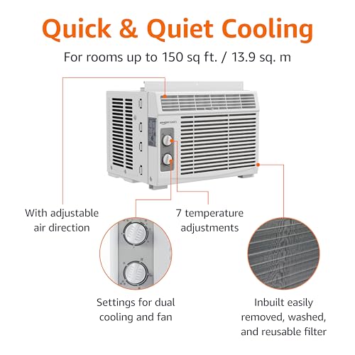 Amazon Basics 5000-BTU Small Window Air Conditioner, Up to 150 Sqf, Window AC Units with Cool and Fan Functions, Washable Filter, Adjustable Window Kit, Intuitive Mechanical Controls, White