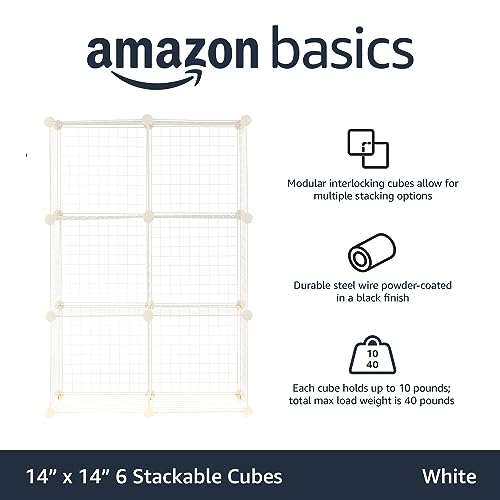 Amazon Basics 6 Cube Wire Grid Storage Shelves, Stackable Cubes, White, 14.6" D x 30.3" W x 44.8" H