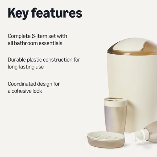 Amazon Basics 6-Piece Bathroom Accessory Set with Toothbrush Holder, Soap Dispenser, Soap Dish, Toothbrush Cup, Trash Can and Toilet Brush & Holder, Ivory view 2