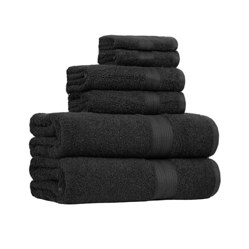 Amazon Basics 6-Piece Highly Absorbent Fade-Resistant Towel Set, 100% Cotton Towels for Bathroom, Soft, 2 Bath Towels, 2 Hand Towels, 2 Washcloths, Black
