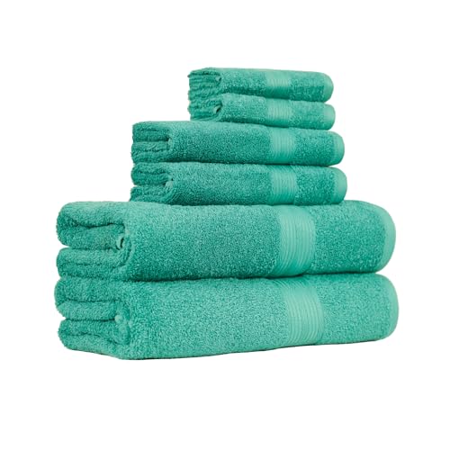 Amazon Basics 6-Piece Oversized Fade-Resistant Towel Set, 100% Cotton, Highly Absorbent, Soft, Teal, 2 Bath Towels, 2 Hand Towels, 2 Washcloths