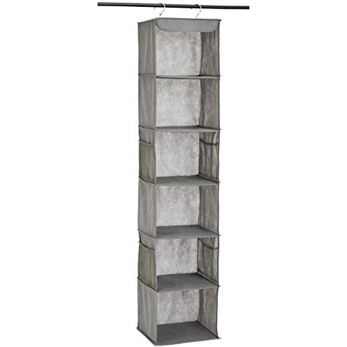 Amazon Basics 6-Tier Hanging Closet Shelf Organizer With Pockets, 8.5" D x 12" W x 9" H, Grey