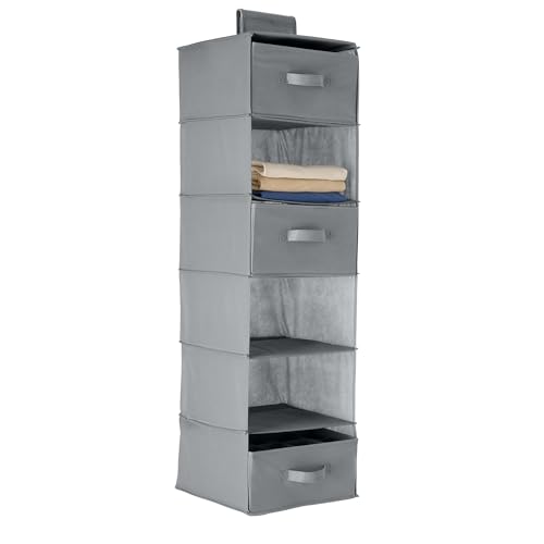 Amazon Basics 6-Tier Hanging Shelf Closet Storage Organizer with Removable Drawers, Grey, 6.9"D x 13.6"W x 12.2"H