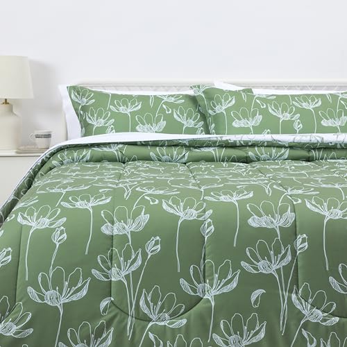 Amazon Basics 7-Piece Lightweight Microfiber Comforter Set, King, Green Floral