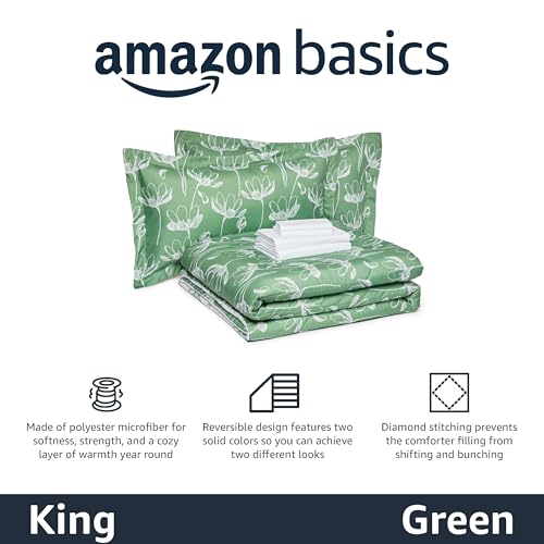 Amazon Basics 7-Piece Lightweight Microfiber Comforter Set, King, Green Floral view 2