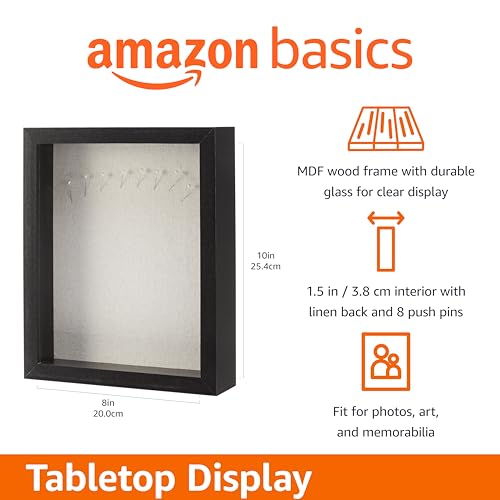 Amazon Basics 8" x 10" Rectangular Shadow Box Wood Frame for Photos, Art, and Memorabilia, Black, Tabletop Display view 2