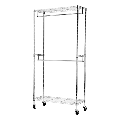 Amazon Basics Adjustable Clothes Rack for Handing, Double Hanging Rod Garment Rolling Closet Clothing Organizer, Chrome, 36'' x 14'' x 72''