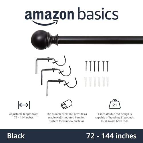 Amazon Basics Adjustable Curtain Rods for Windows, Round Finials, 1-Inch Rod, 72" to 144", Black, Pack of 1