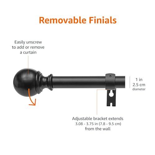 Amazon Basics Adjustable Curtain Rods for Windows, Round Finials, 1-Inch Rod, 72" to 144", Black, Pack of 1