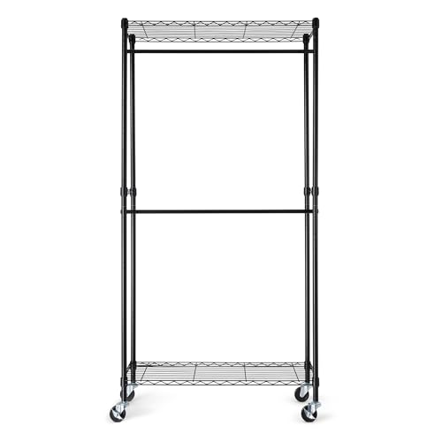 Amazon Basics Adjustable, Double Hanging Rod Garment Rolling Closet Organizer Rack with Wheels, Heavy Duty, Black, 36'' x 14'' x 72'', WI-GAR1436B