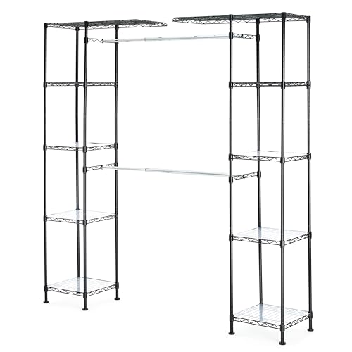 Amazon Basics Adjustable Expandable Metal Hanging Closet Storage Organizer Rack with Shelves, 57-80''L x 14''W x 72''H, Black