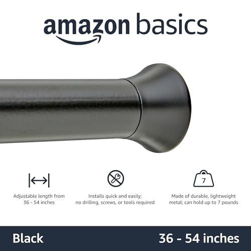 Amazon Basics Adjustable Sturdy Spring Tension Curtain Rod, No Drilling/No Holes, 36-54", Black, Classic Finial