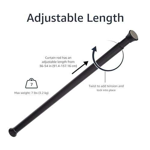 Amazon Basics Adjustable Sturdy Spring Tension Curtain Rod, No Drilling/No Holes, 36-54", Black, Classic Finial