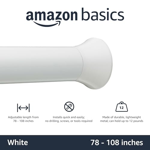 Amazon Basics Adjustable Tension Curtain Rod, 78-108" Width - White, Classic Finial