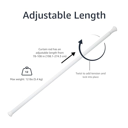 Amazon Basics Adjustable Tension Curtain Rod, 78-108" Width - White, Classic Finial