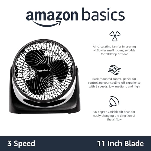 Amazon Basics Air Circulator Fan, Desk Fan for Bedroom, Home and Office, With 90-Degree Tilt Head, 3 Speed Settings, Lightweight (4.2 LBS), 70 Watts, Black, 14.8"Wx7.6"Dx14.1"H