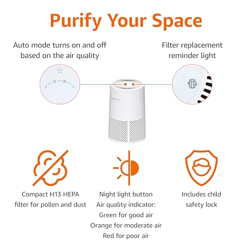 Amazon Basics Air Purifier for Home and Office, With 3-Stage Filtration, HEPA Filter With Activated Carbon, 3 Speeds, Timer, Sleep Mode (32db), Energy Star Certificate, Covers Up to 1067 Sq ft, White