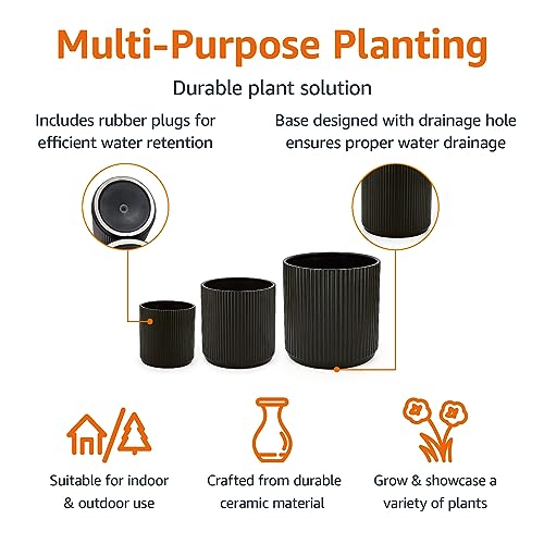 Amazon Basics Assorted Sizes Fluted Ceramic Round Planters, Set of 3, 6 inch, 8 inch, 10 inch, Black