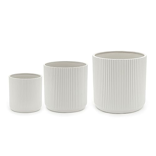 Amazon Basics Assorted Sizes Fluted Ceramic Round Indoor Outdoor Planters with Drainage, Set of 3, Modern Design, 6 inch, 8 inch, 10 inch, White