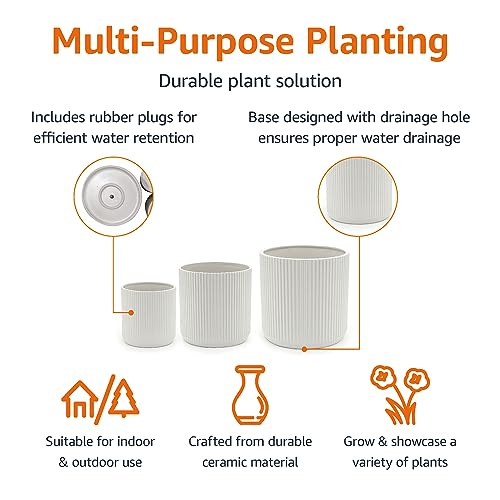 Amazon Basics Assorted Sizes Fluted Ceramic Round Indoor Outdoor Planters with Drainage, Set of 3, Modern Design, 6 inch, 8 inch, 10 inch, White