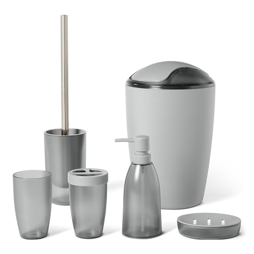 Amazon Basics Bathroom Set, 6-Piece with Toothbrush Holder, Soap Dispenser, Soap Dish, Toothbrush Cup, Trash Can, Toilet Brush and Holder, Grey