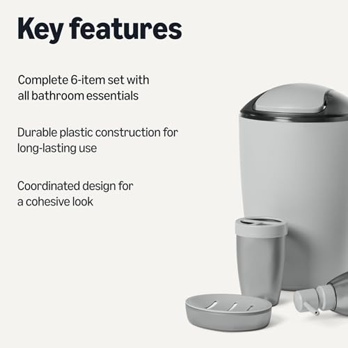 Amazon Basics Bathroom Set, 6-Piece with Toothbrush Holder, Soap Dispenser, Soap Dish, Toothbrush Cup, Trash Can, Toilet Brush and Holder, Grey view 2