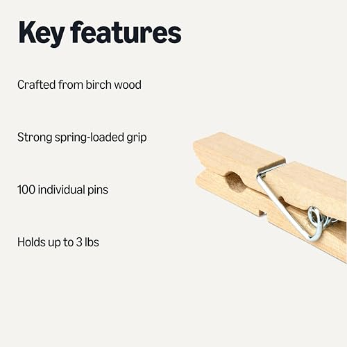 Amazon Basics Birch Wood Clothespins with Strong Spring-Loaded Grip, Holds up to 3 lbs, Pack of 100 view 2