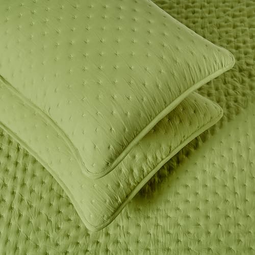 Amazon Basics Brushed Microfiber Quilt Set, Extra Soft with Natural Texture, 3-Piece, King, Green view 3