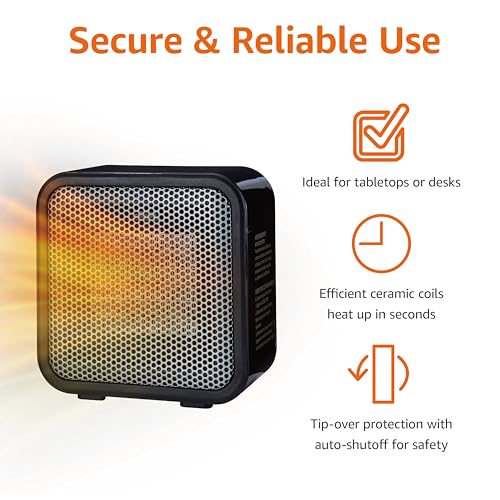Amazon Basics Ceramic Portable Mini Space Heater for Office Desk, Indoor Use, Fast Heating, Energy Efficient, 500W, With Tip-Over Protection, Lightweight 1.4 lbs, Black, 5.87"D x 3.15"W x 5.95"H view 2