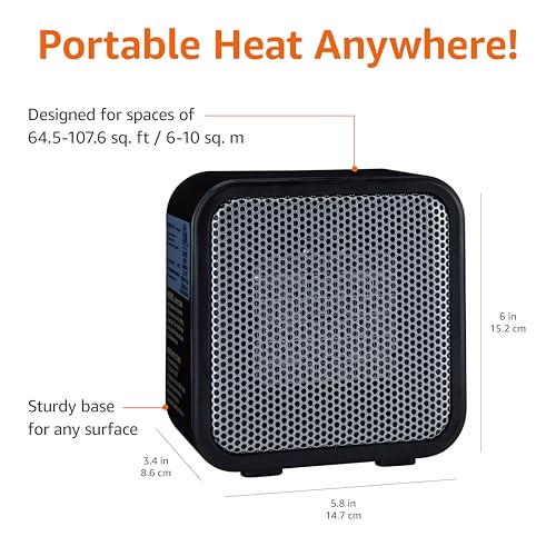 Amazon Basics Ceramic Portable Mini Space Heater for Office Desk, Indoor Use, Fast Heating, Energy Efficient, 500W, With Tip-Over Protection, Lightweight 1.4 lbs, Black, 5.87"D x 3.15"W x 5.95"H view 3