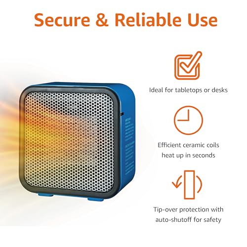 Amazon Basics Ceramic Portable Mini Space Heater for Office Desk, Fast Heating, Efficient, Indoor Use, 500W, With Tip-Over Protection, Lightweight 1.4 lbs, Blue, 5.9 x 3.2 x 6 inches view 2