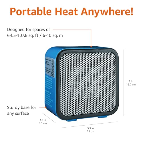 Amazon Basics Ceramic Portable Mini Space Heater for Office Desk, Fast Heating, Efficient, Indoor Use, 500W, With Tip-Over Protection, Lightweight 1.4 lbs, Blue, 5.9 x 3.2 x 6 inches view 3