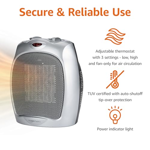 Amazon Basics Ceramic Space Heater, Portable Indoor Heating Solution, With Overheat and Tip-Over Protection, Thermostat, Non-Oscillating, 1500W, Fast Heating, 7.52"D x 6.34"W x 9.45"H, Silver view 2
