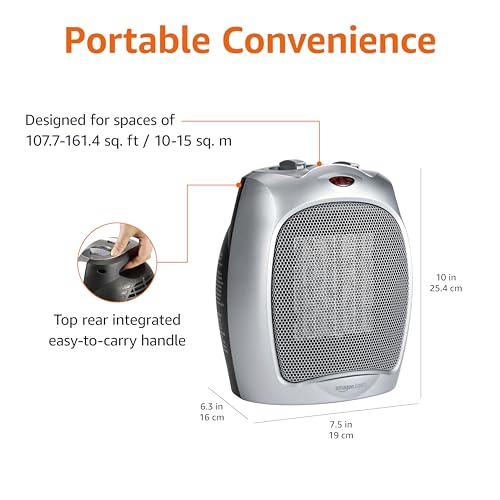 Amazon Basics Ceramic Space Heater, Portable Indoor Heating Solution, With Overheat and Tip-Over Protection, Thermostat, Non-Oscillating, 1500W, Fast Heating, 7.52"D x 6.34"W x 9.45"H, Silver view 3