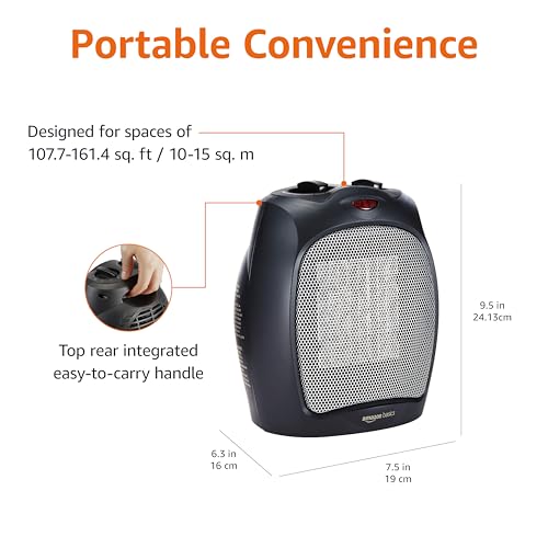 Amazon Basics Ceramic Space Heater, Portable Indoor Heating Solution, With Overheat and Tip-Over Protection, Thermostat, Non-Oscillating, 1500W, 7.52"D x 6.34"W x 9.45"H, Black