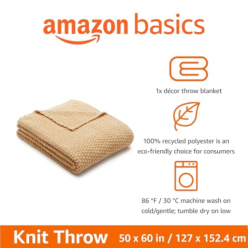 Amazon Basics Chunky Cable Knit Throw Blanket for Couch, Sofa, Bed, Lightweight Soft Cozy, Sand, 50"x 60"