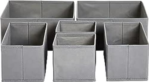 Amazon Basics Collapsible Cloth Drawer Organizer Boxes for Socks, Underwear and Baby Clothes, Storage Bins, Gray, Set of 6