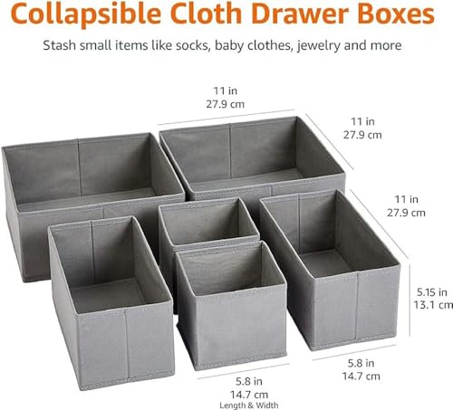 Amazon Basics Collapsible Cloth Drawer Organizer Boxes for Socks, Underwear and Baby Clothes, Storage Bins, Gray, Set of 6 view 2