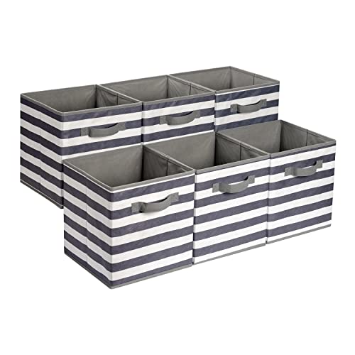 Amazon Basics Collapsible Fabric Storage Bins with Handles, Cube Organizer for Home Organization, 10.5"x10.5"x11", White/Light Grey Stripe, 6-Pack
