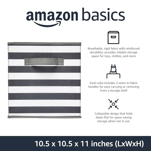 Amazon Basics Collapsible Fabric Storage Bins with Handles, Cube Organizer for Home Organization, 10.5"x10.5"x11", White/Light Grey Stripe, 6-Pack view 2
