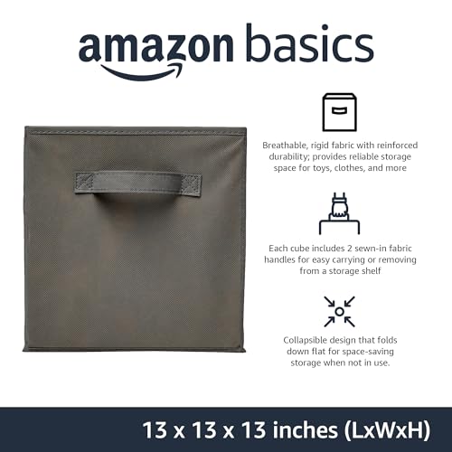 Amazon Basics Collapsible Fabric Storage Cube Bins Organizer with Handles, Sturdy, Gray, 13-x-13-x-13-inch, Pack of 6