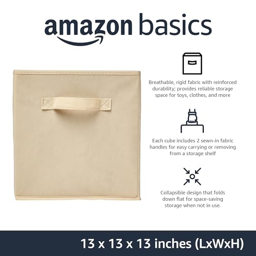 Amazon Basics Collapsible Fabric Storage Cube Bins Organizer with Handles, Sturdy, Beige, 13-x-13-x-13-inch, Pack of 6