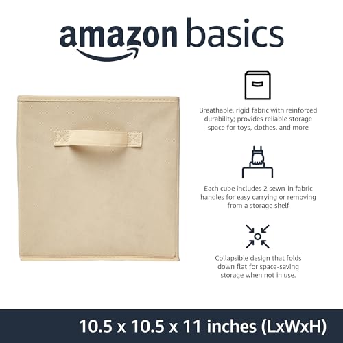 Amazon Basics Collapsible Fabric Storage Cubes Organizer with Handles, Sturdy, Beige, 10.5-x-10.5-x-11-inch, Pack of 6