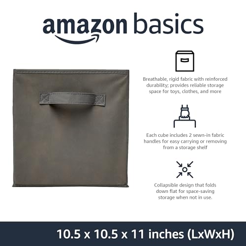 Amazon Basics Collapsible Fabric Storage Cubes Organizer with Handles, Sturdy, Gray, 10.5-x-10.5-x-11-inch, Pack of 6