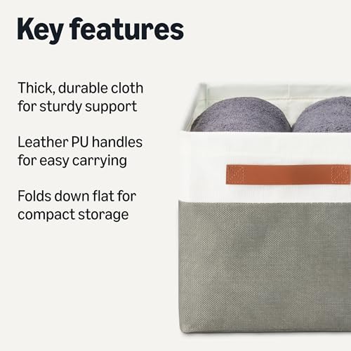 Amazon Basics Collapsible Storage Bins with Faux Leather Handles, Foldable Organizing Containers for Closet, Charcoal, Large, 3-Pack view 2