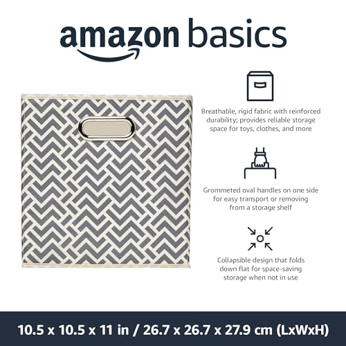 Amazon Basics Collapsible Storage Bins with Handle, Space-Saving, Breathable Cube Organizer, 10.5" x 10.5" x 11", Chevron Grey, 6-Pack view 2