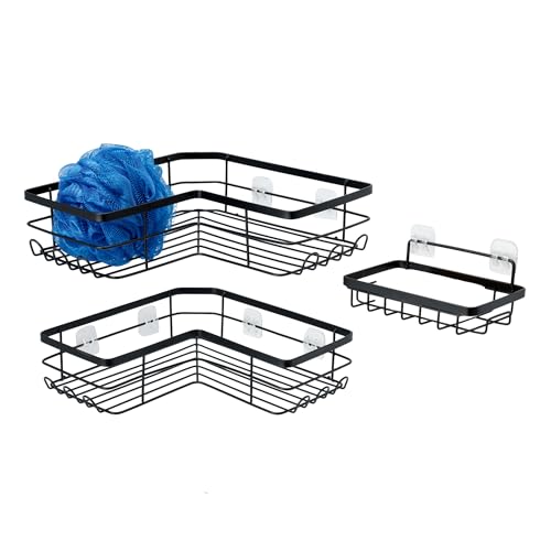 Amazon Basics Corner Shower Caddy Organizer, Stainless Steel, Black, Set of 3